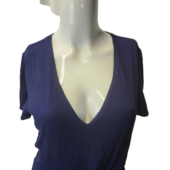 Wayf Navy Blue Blouson Midi Dress Rayon & Polyester Lined V-Neck Short Sleeves M - Picture 7 of 16